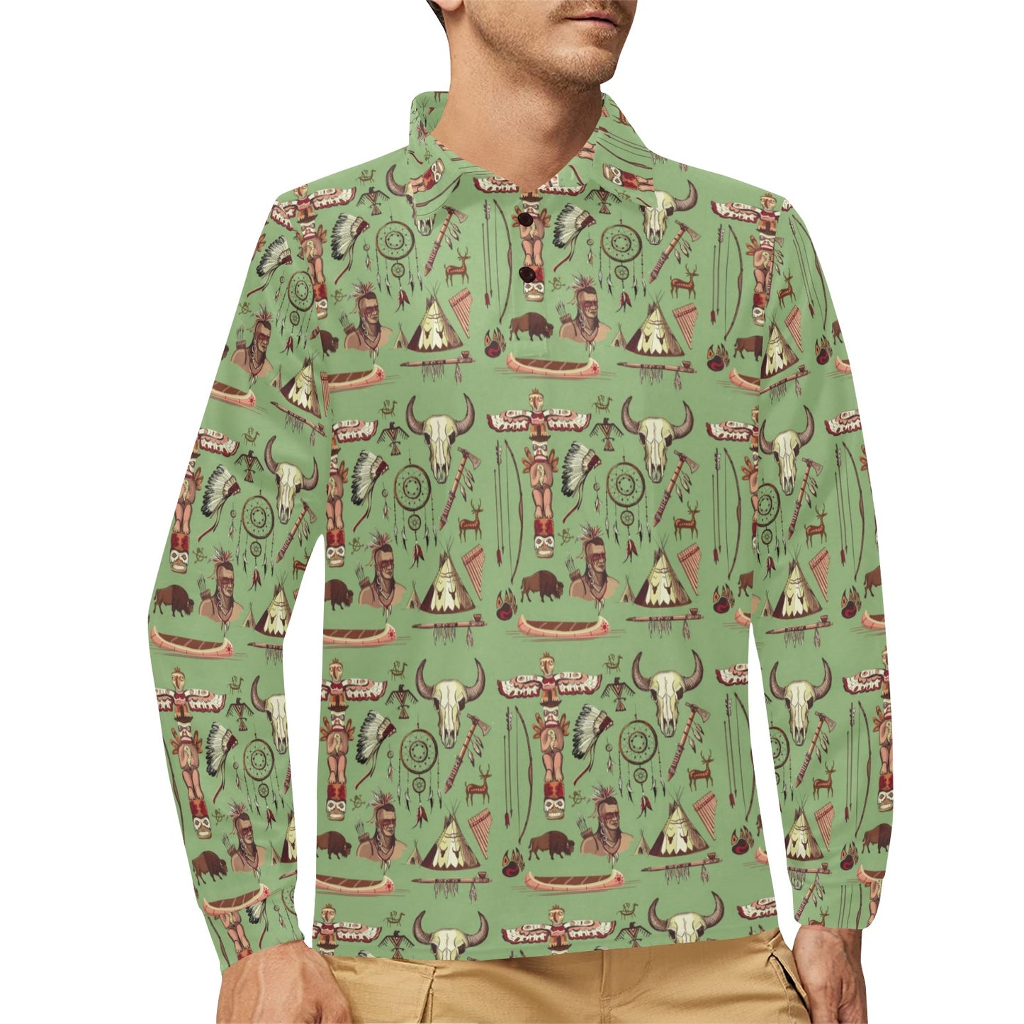 Native Indian Themed Design Print Long Sleeve Polo Shirt For Men's