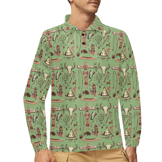 Native Indian Themed Design Print Long Sleeve Polo Shirt For Men's