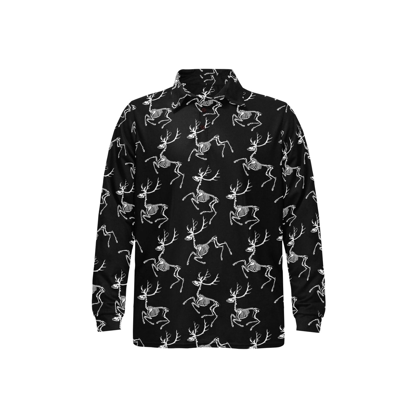 Deer Skeleton Print Pattern Long Sleeve Polo Shirt For Men's