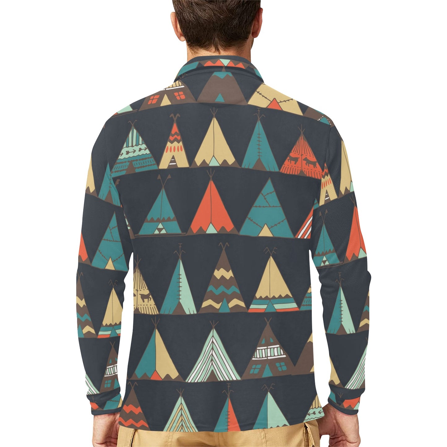 Tribal native american tent Aztec Long Sleeve Polo Shirt For Men's