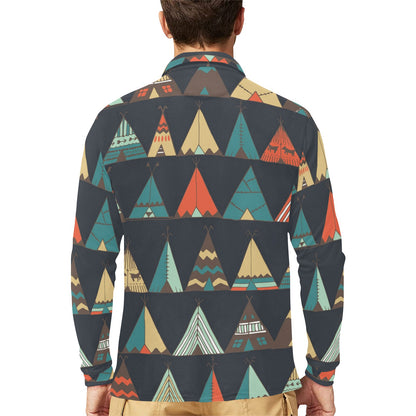 Tribal native american tent Aztec Long Sleeve Polo Shirt For Men's