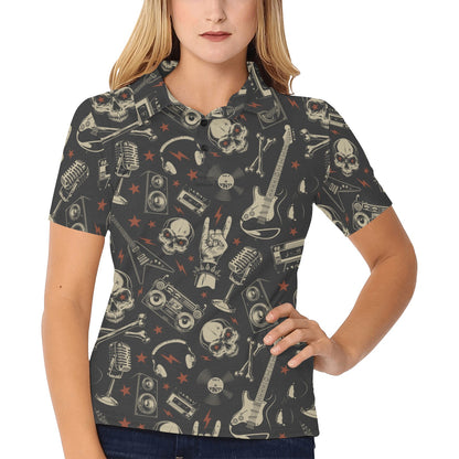 Rock and Roll Skull Pattern Print Design A03 Women's Polo Shirt