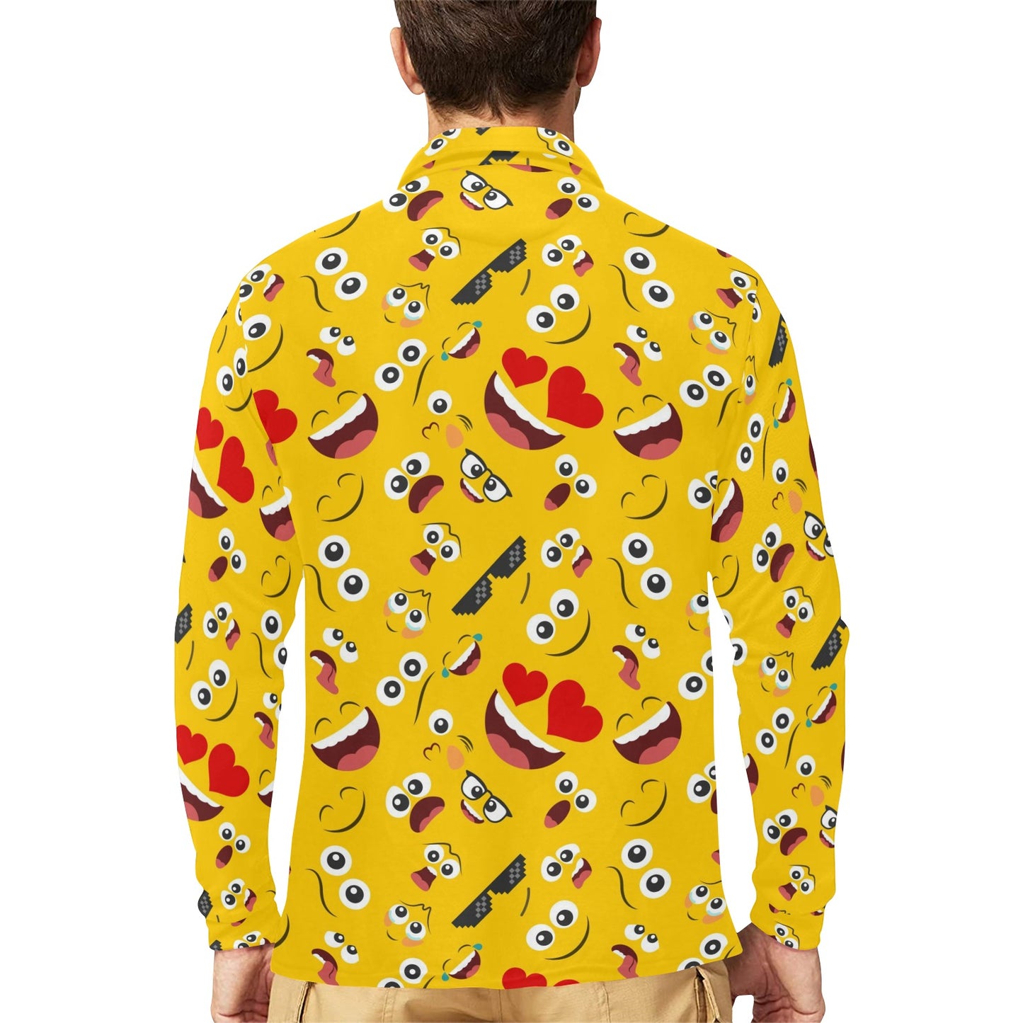 Emoji Face Print Pattern Long Sleeve Polo Shirt For Men's