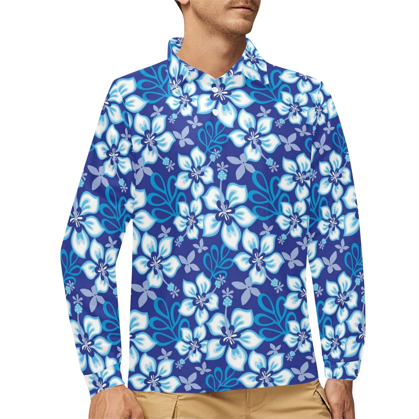 Hibiscus Pattern Print Design HB04 Long Sleeve Polo Shirt For Men's