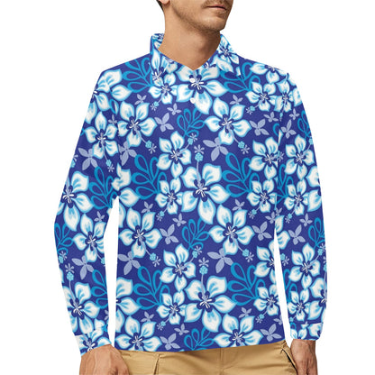 Hibiscus Pattern Print Design HB04 Long Sleeve Polo Shirt For Men's
