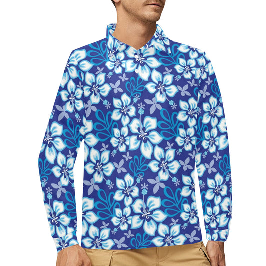 Hibiscus Pattern Print Design HB04 Long Sleeve Polo Shirt For Men's