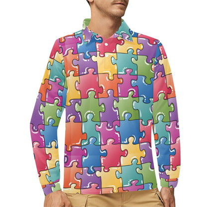 Puzzle Pattern Print Design A05 Long Sleeve Polo Shirt For Men's