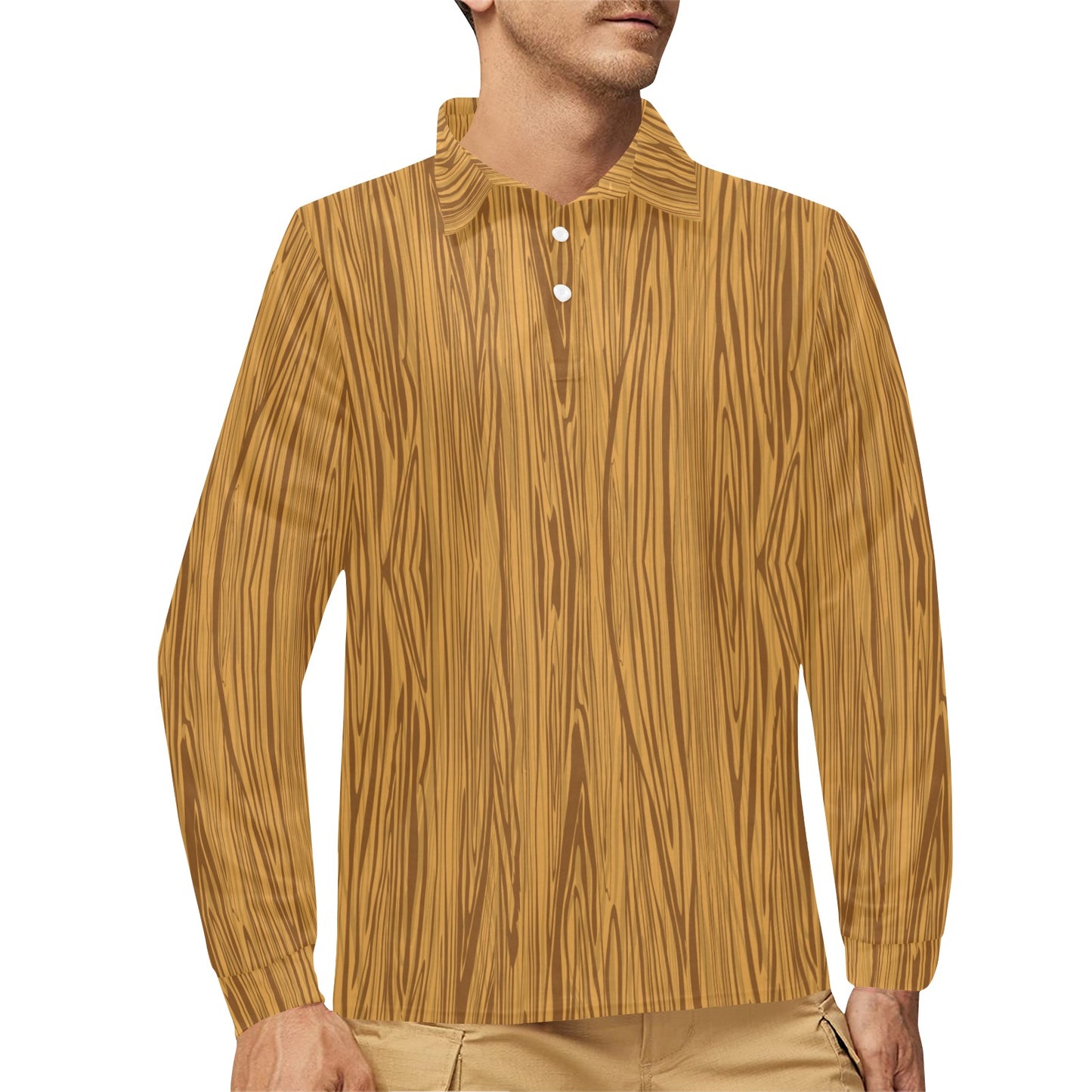 Wood Texture Print Design LKS301 Long Sleeve Polo Shirt For Men's