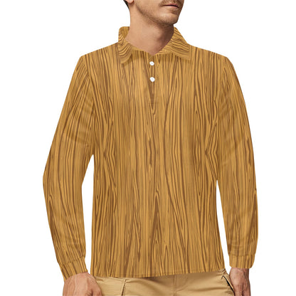 Wood Texture Print Design LKS301 Long Sleeve Polo Shirt For Men's