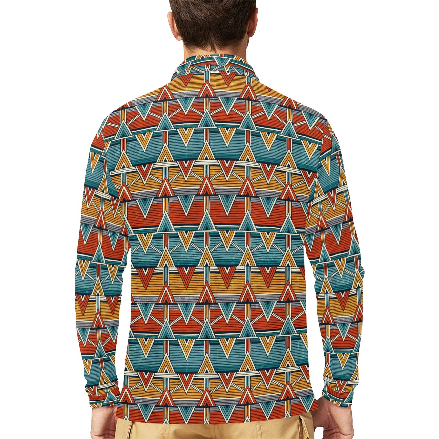 Kente Print African Design Themed Long Sleeve Polo Shirt For Men's