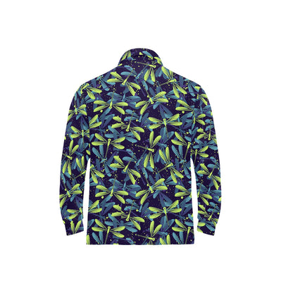Dragonfly Lime Blue Print Pattern Long Sleeve Polo Shirt For Men's