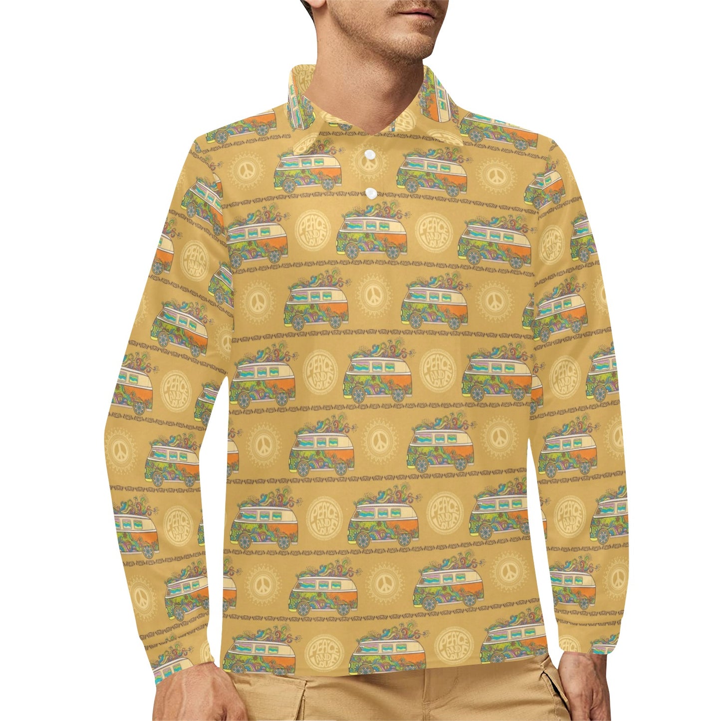 Hippie Van Print Design LKS304 Long Sleeve Polo Shirt For Men's
