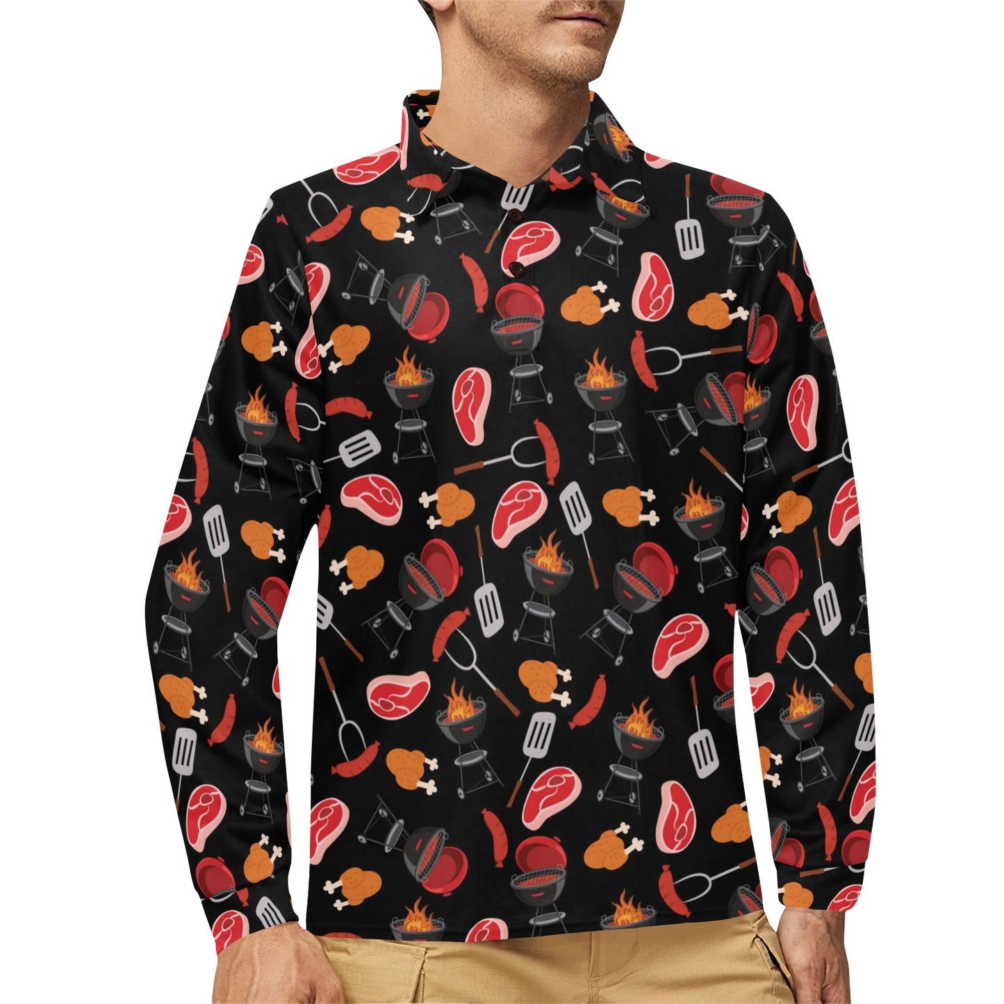Barbecue Pattern Print Design 04 Long Sleeve Polo Shirt For Men's