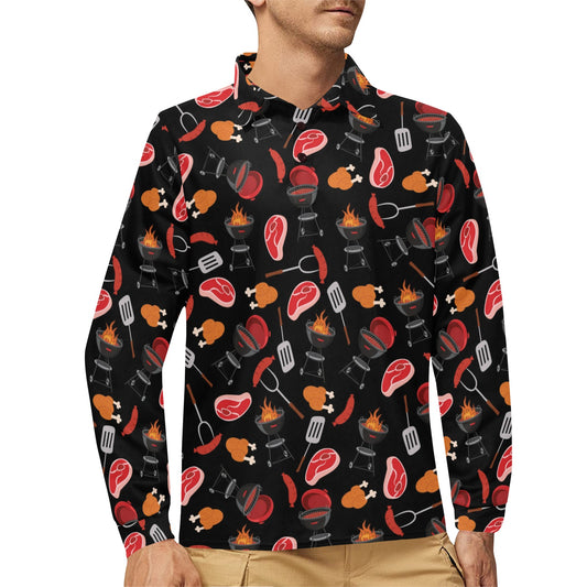 Barbecue Pattern Print Design 04 Long Sleeve Polo Shirt For Men's