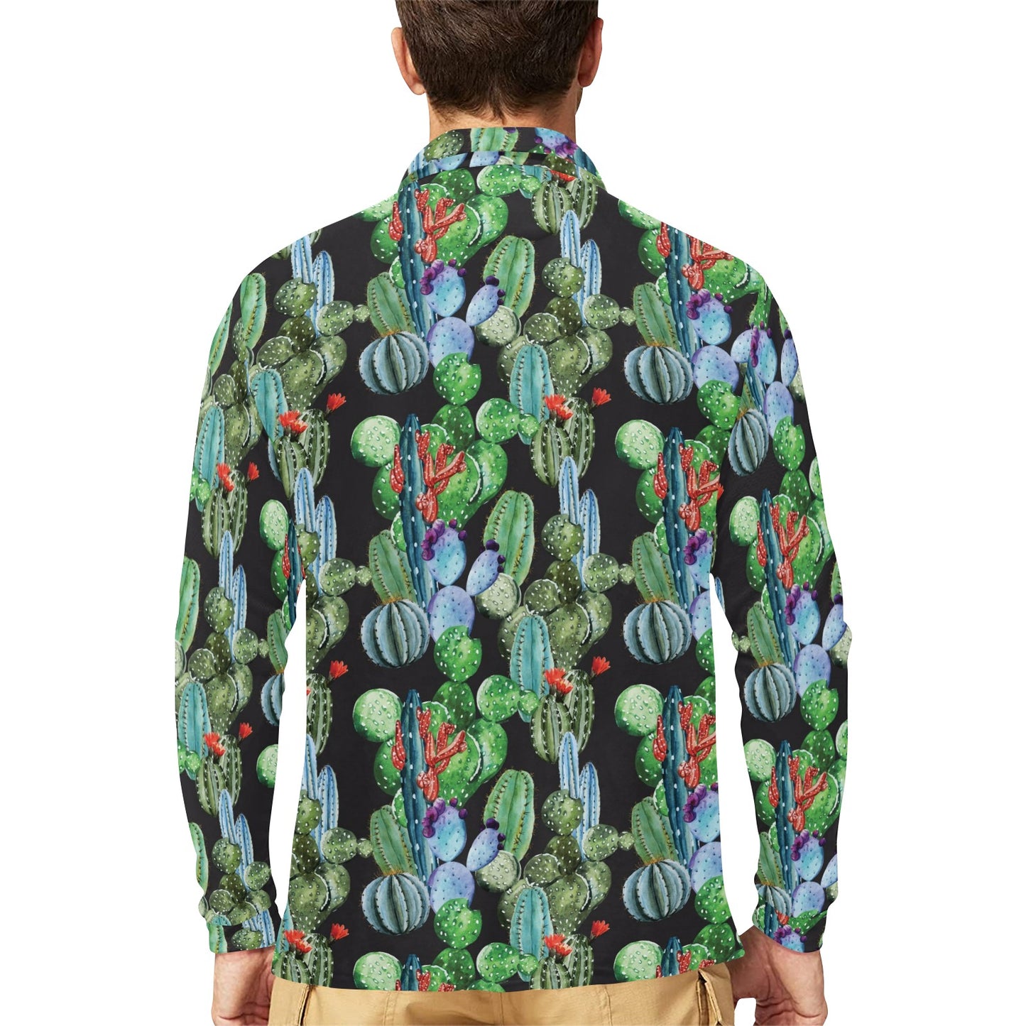 Cactus Watercolor Style Print Long Sleeve Polo Shirt For Men's
