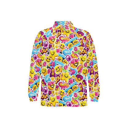 Emoji Sticker Print Pattern Long Sleeve Polo Shirt For Men's