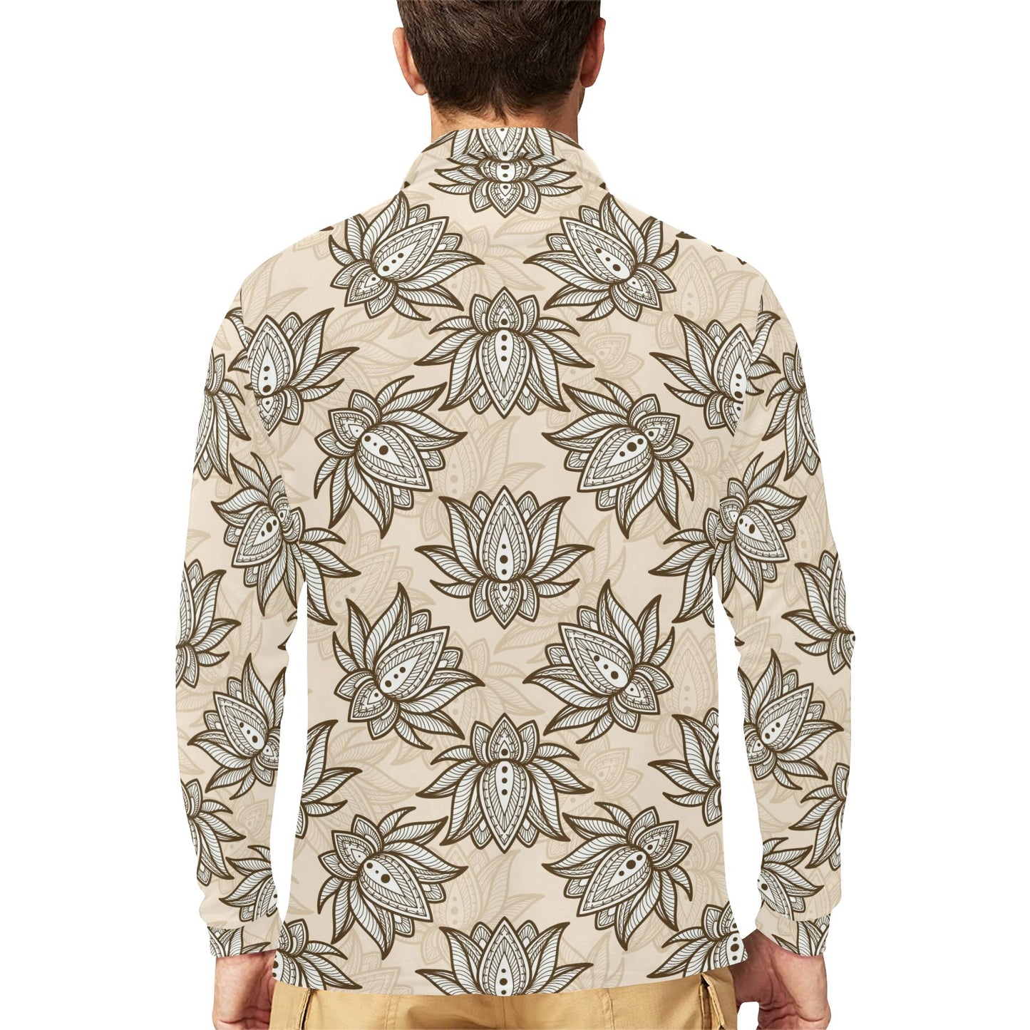 lotus Boho Pattern Print Design LO05 Long Sleeve Polo Shirt For Men's