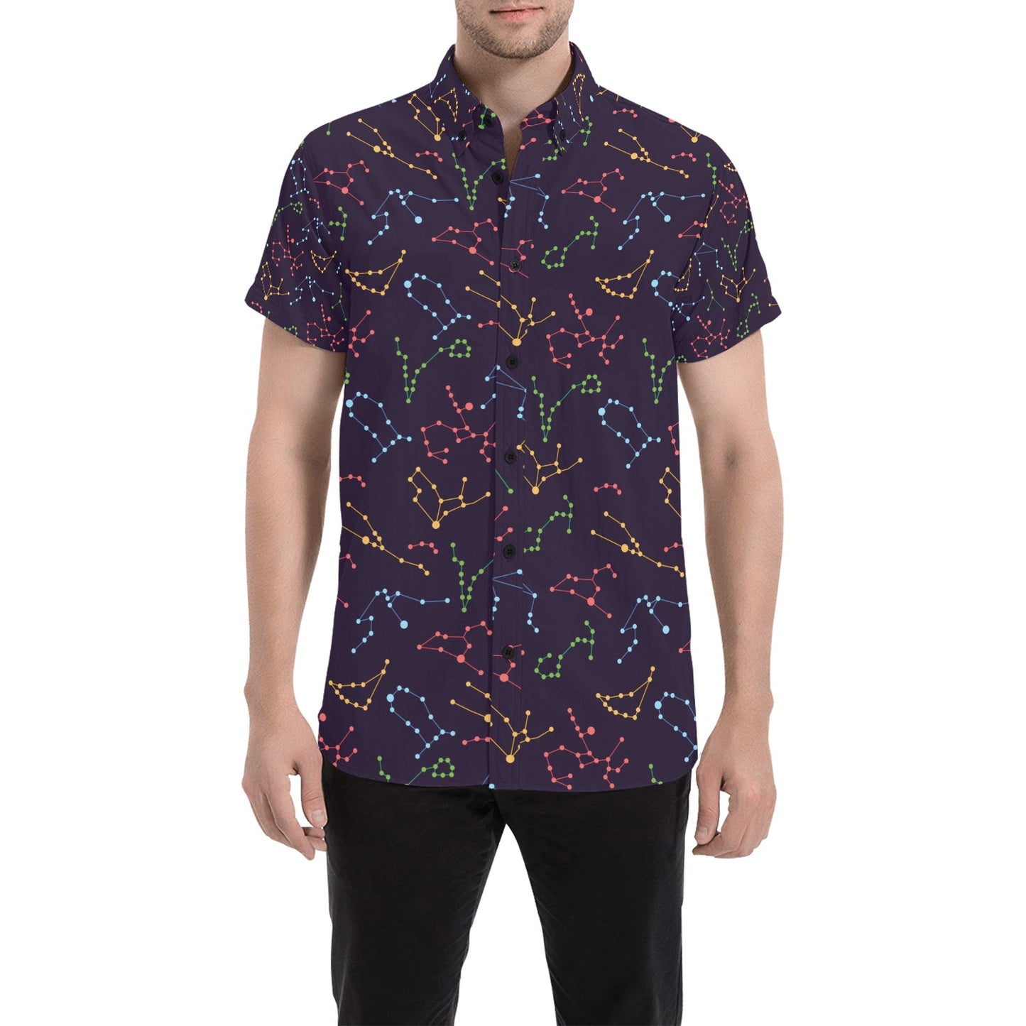 Zodiac Print Design LKS301 Men Short Sleeve Button Up Shirt