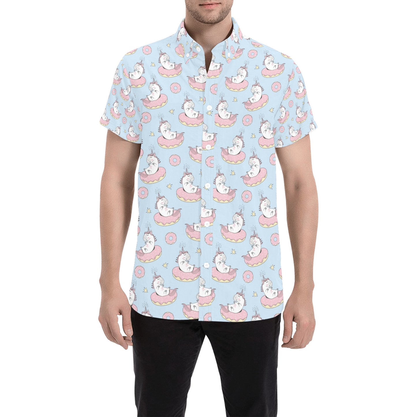 Unicorn Print Design LKS303 Men Short Sleeve Button Up Shirt