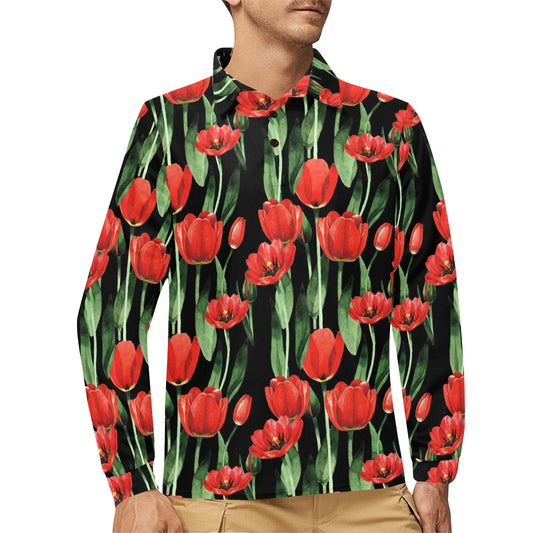 Tulip Red Pattern Print Design TP03 Long Sleeve Polo Shirt For Men's