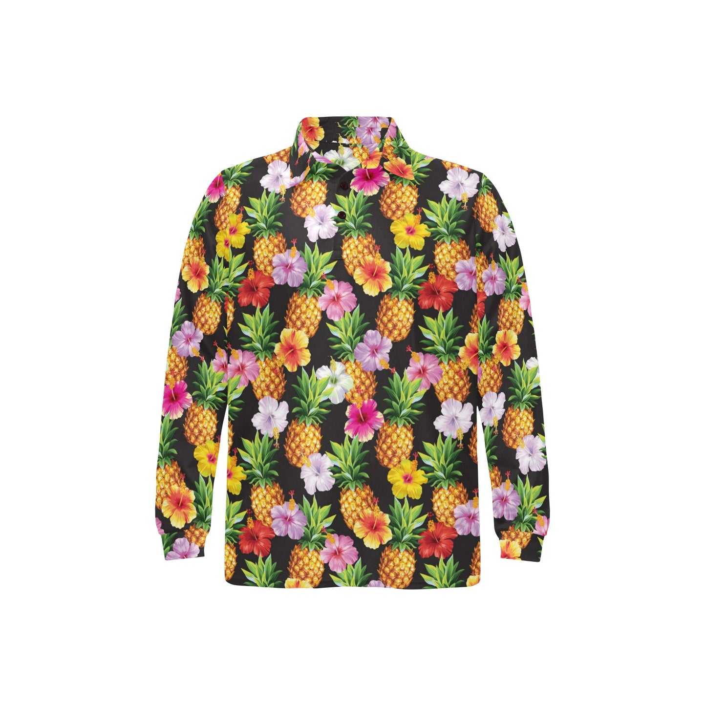 Pineapple Hibiscus Long Sleeve Polo Shirt For Men's