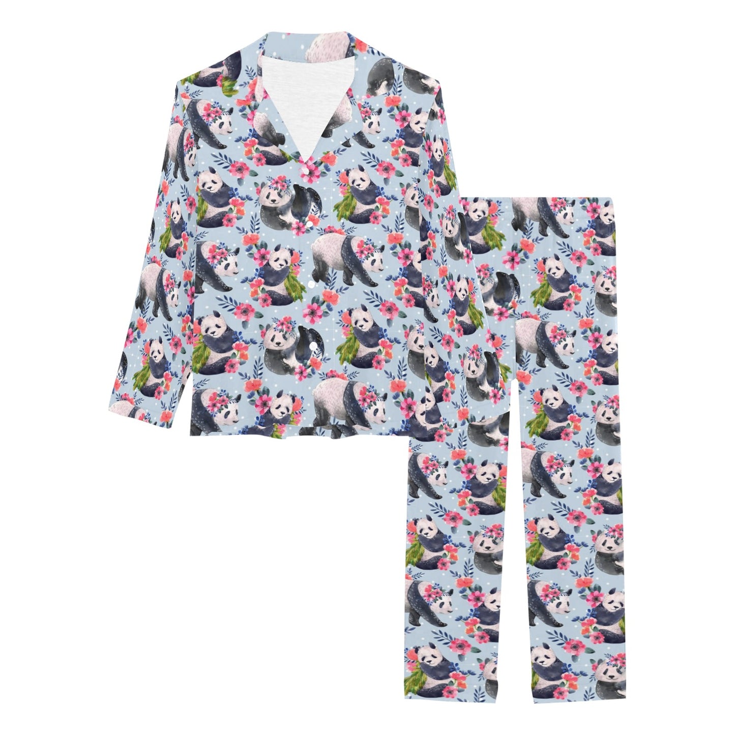 Panda Bear Flower Design Themed Print Women's Long Pajama Set