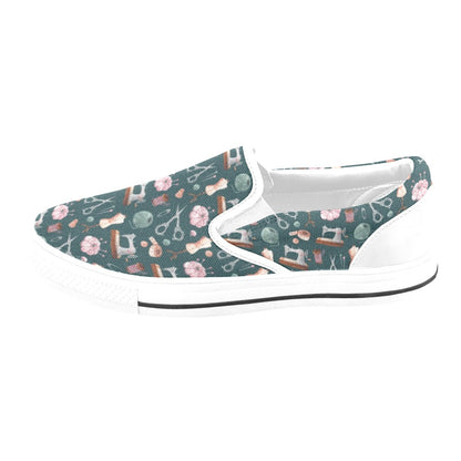 Sewing Equipment Print Design LKS307 White Slip Ons Canvas Women's Shoes