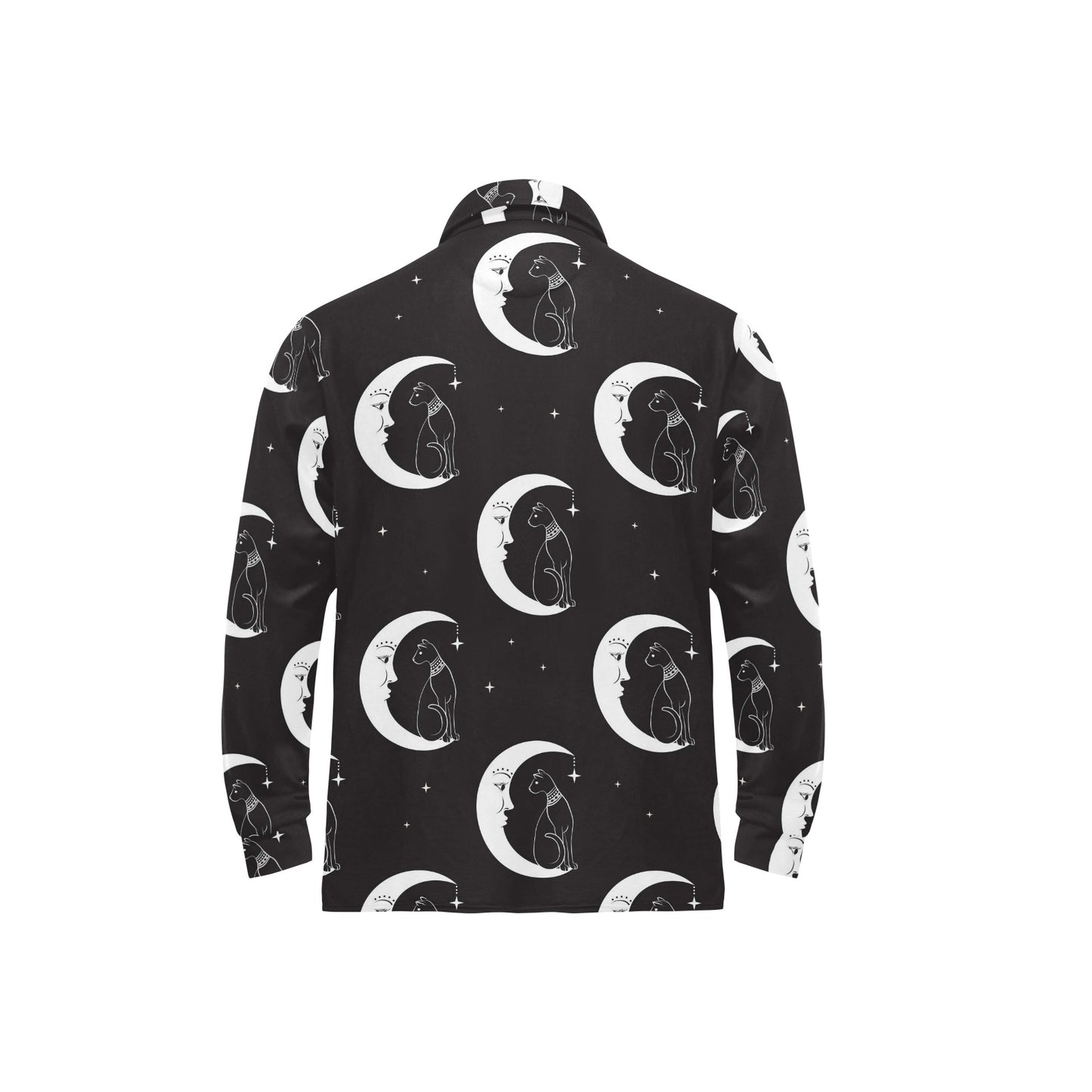 Moon with Cat Pattern Print Design 04 Long Sleeve Polo Shirt For Men's