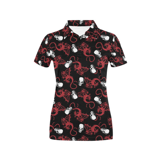 Skull With Red Dragon Print Design LKS304 Women's Polo Shirt