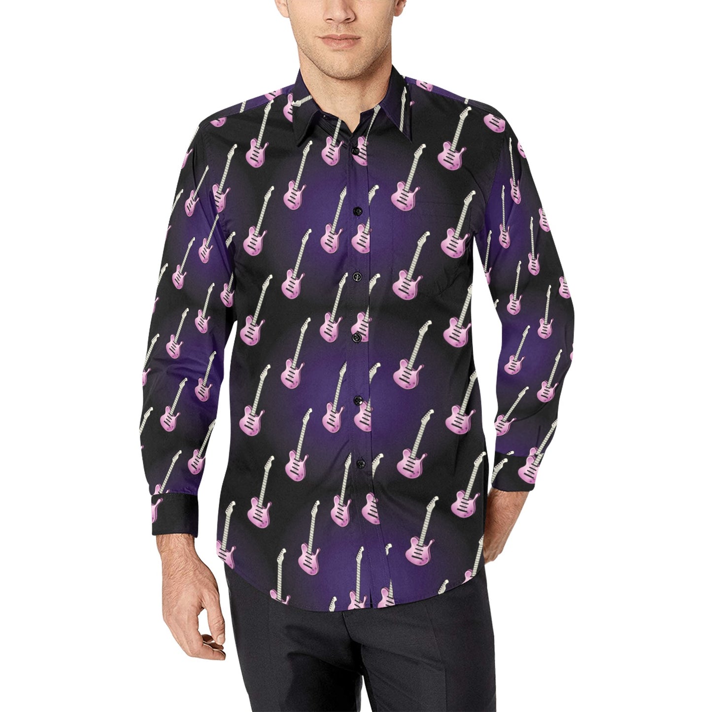 Electric Guitar Print Design LKS405 Men's Long Sleeve Dress Shirt