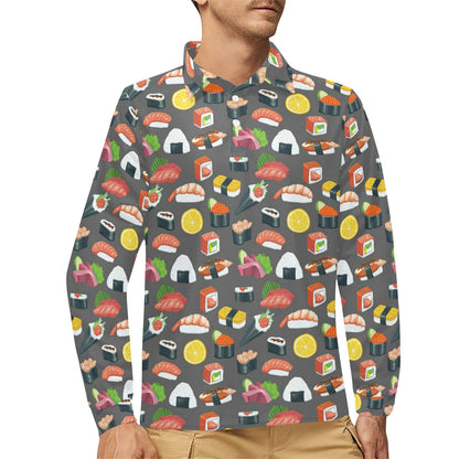 Sushi Pattern Print Long Sleeve Polo Shirt For Men's