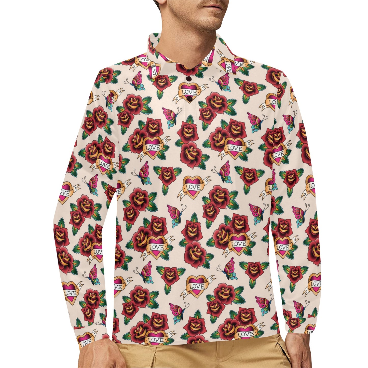 Tattoo Rose Print Design LKS302 Long Sleeve Polo Shirt For Men's