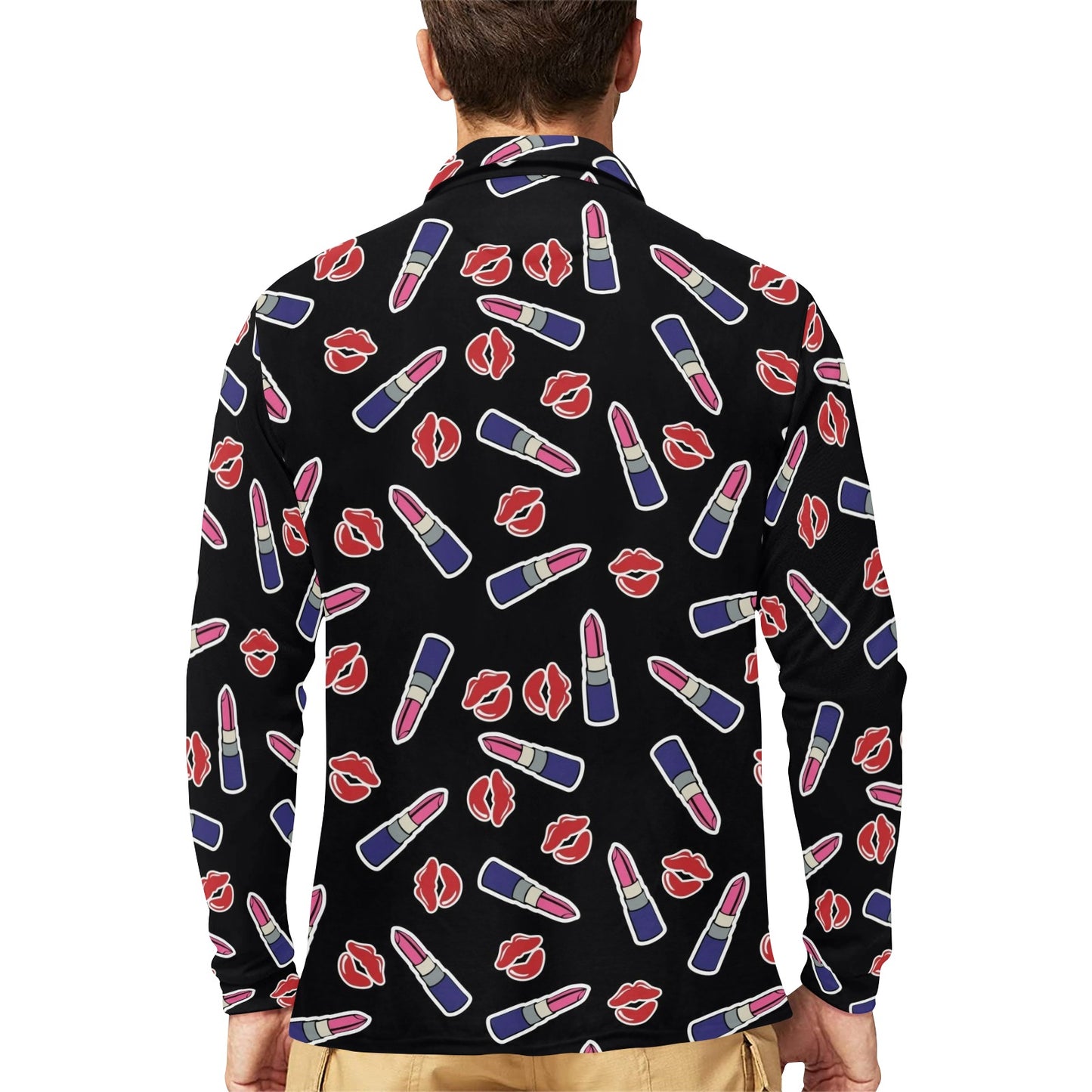 Lipstick Pattern Print Design LT01 Long Sleeve Polo Shirt For Men's