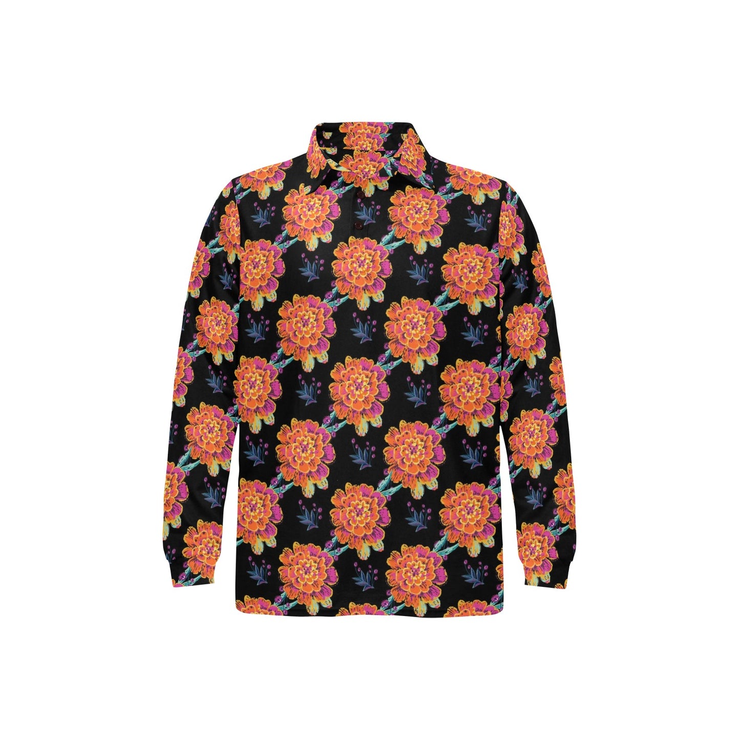 Marigold Pattern Print Design MR04 Long Sleeve Polo Shirt For Men's