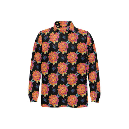 Marigold Pattern Print Design MR04 Long Sleeve Polo Shirt For Men's