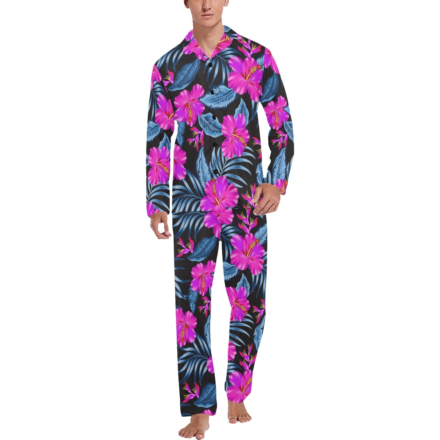 Neon Pink Hibiscus Pattern Print Design HB015 Men's Long Pajama Set
