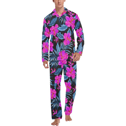 Neon Pink Hibiscus Pattern Print Design HB015 Men's Long Pajama Set