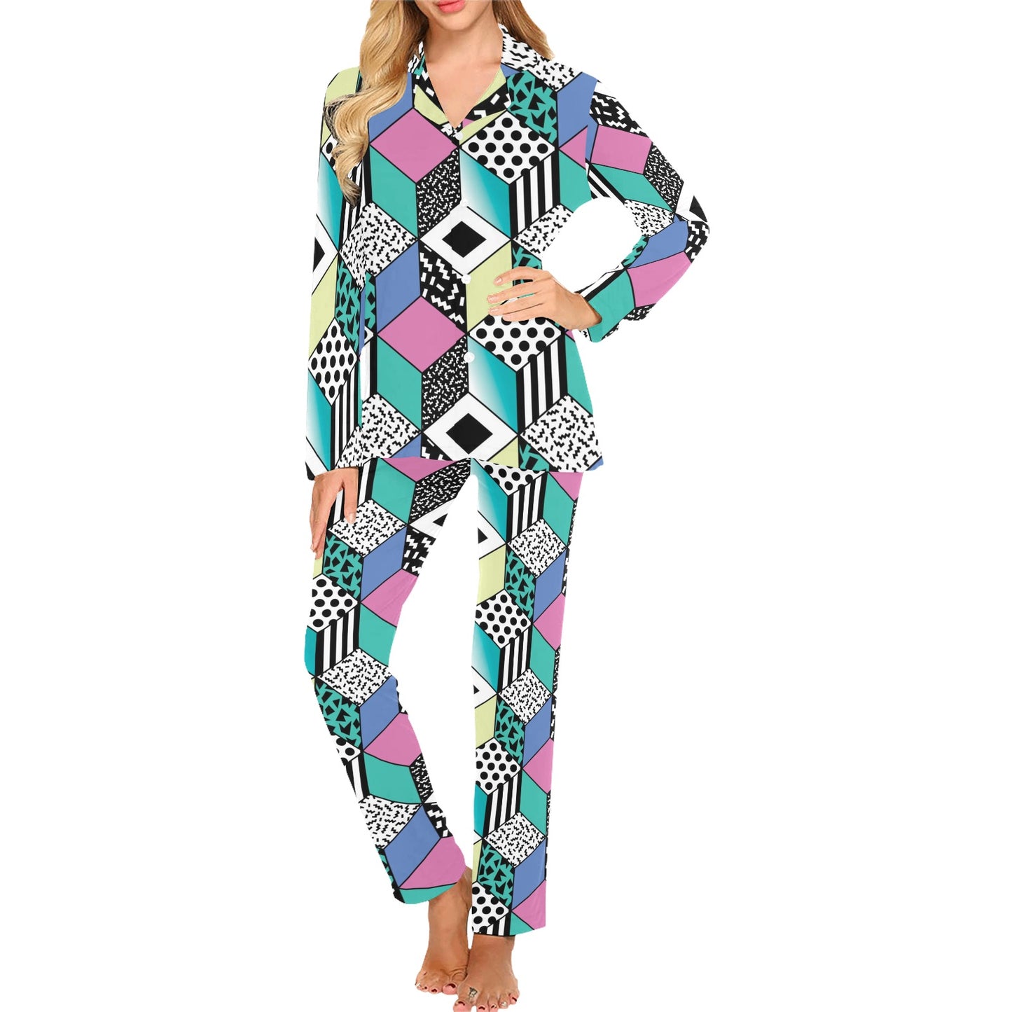 90s Pattern Print Design 3 Women's Long Pajama Set