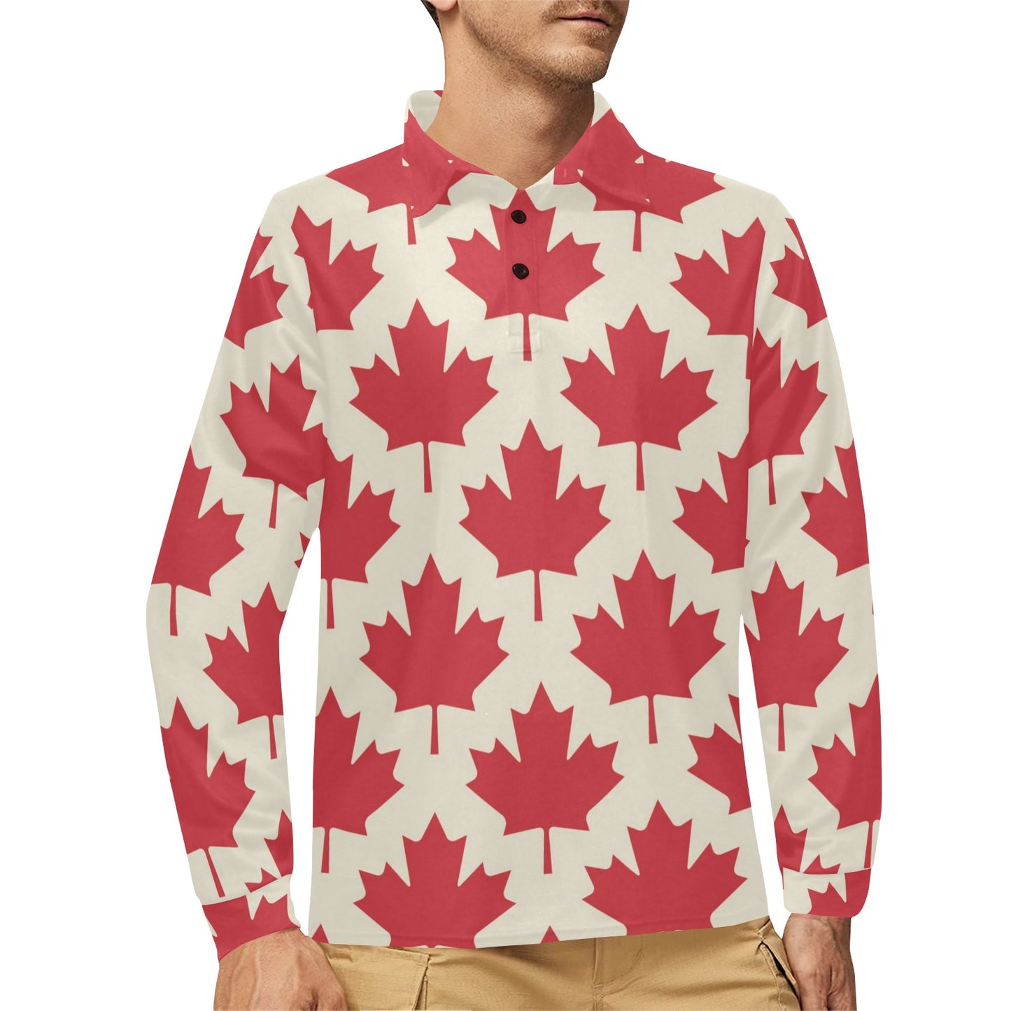 Maple Leaf Pattern Print Design 03 Long Sleeve Polo Shirt For Men's