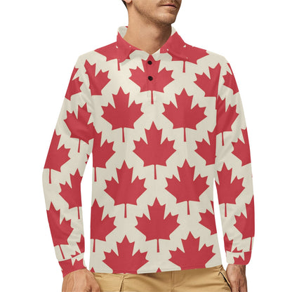 Maple Leaf Pattern Print Design 03 Long Sleeve Polo Shirt For Men's