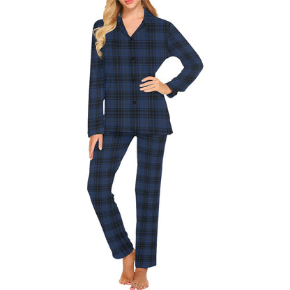 Navy Blue Tartan Plaid Pattern Women's Long Pajama Set
