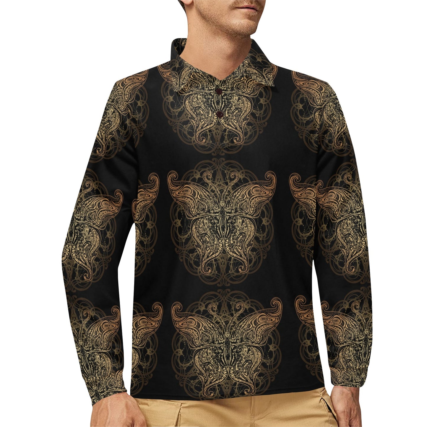 Gold Butterfly Ornamental Long Sleeve Polo Shirt For Men's