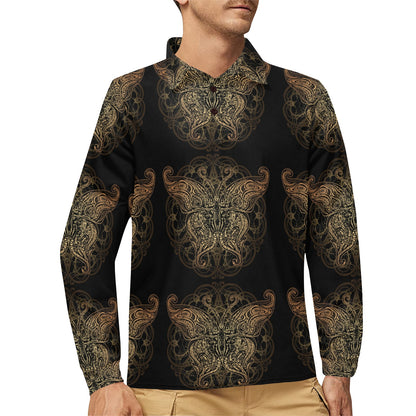Gold Butterfly Ornamental Long Sleeve Polo Shirt For Men's