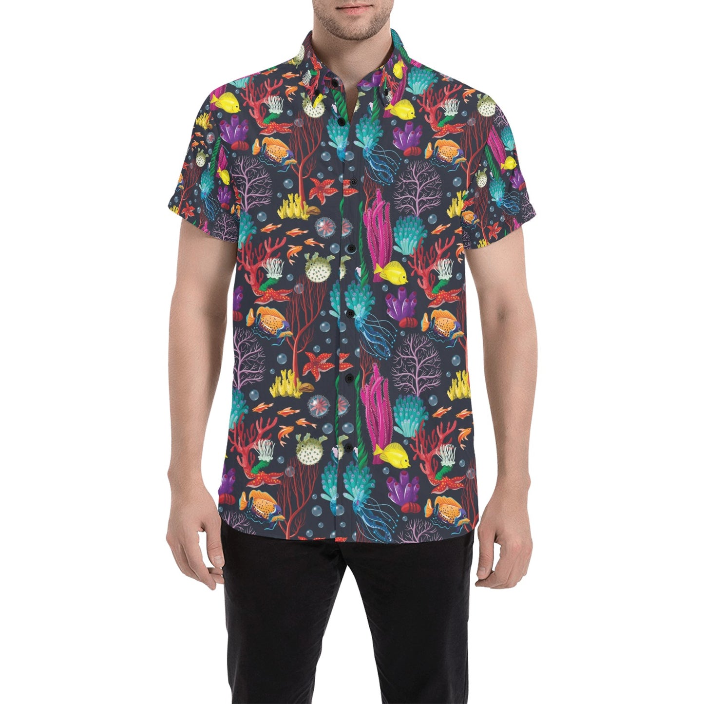 Underwater Cute Print Design LKS303 Men Short Sleeve Button Up Shirt