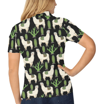 Llama Cactus Pattern Print Design 011 Women's Polo Shirt