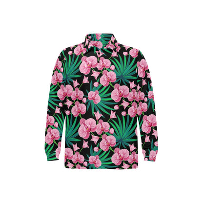 Orchid Pink Pattern Print Design OR06 Long Sleeve Polo Shirt For Men's