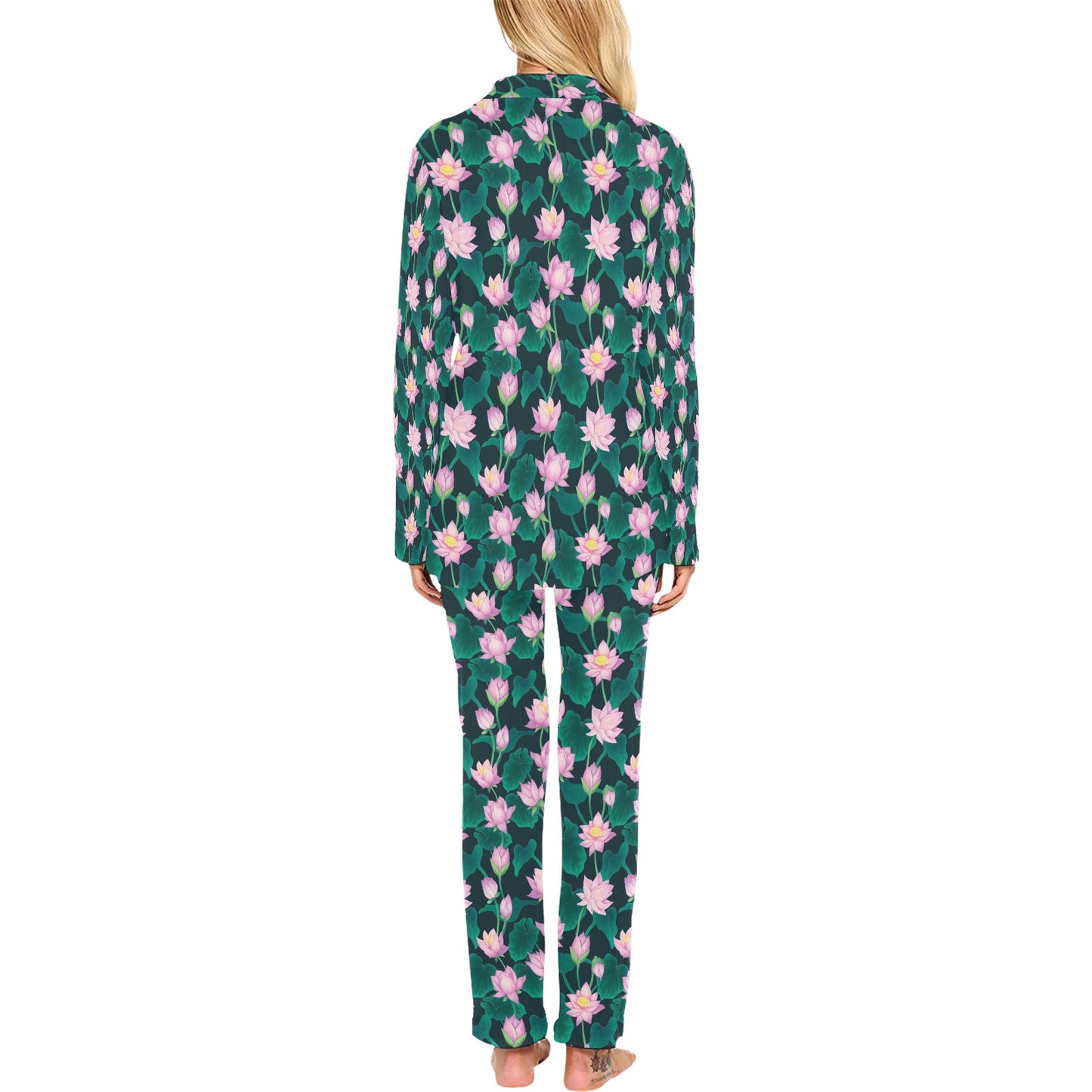 Water Lily Print Design LKS302 Women's Long Pajama Set