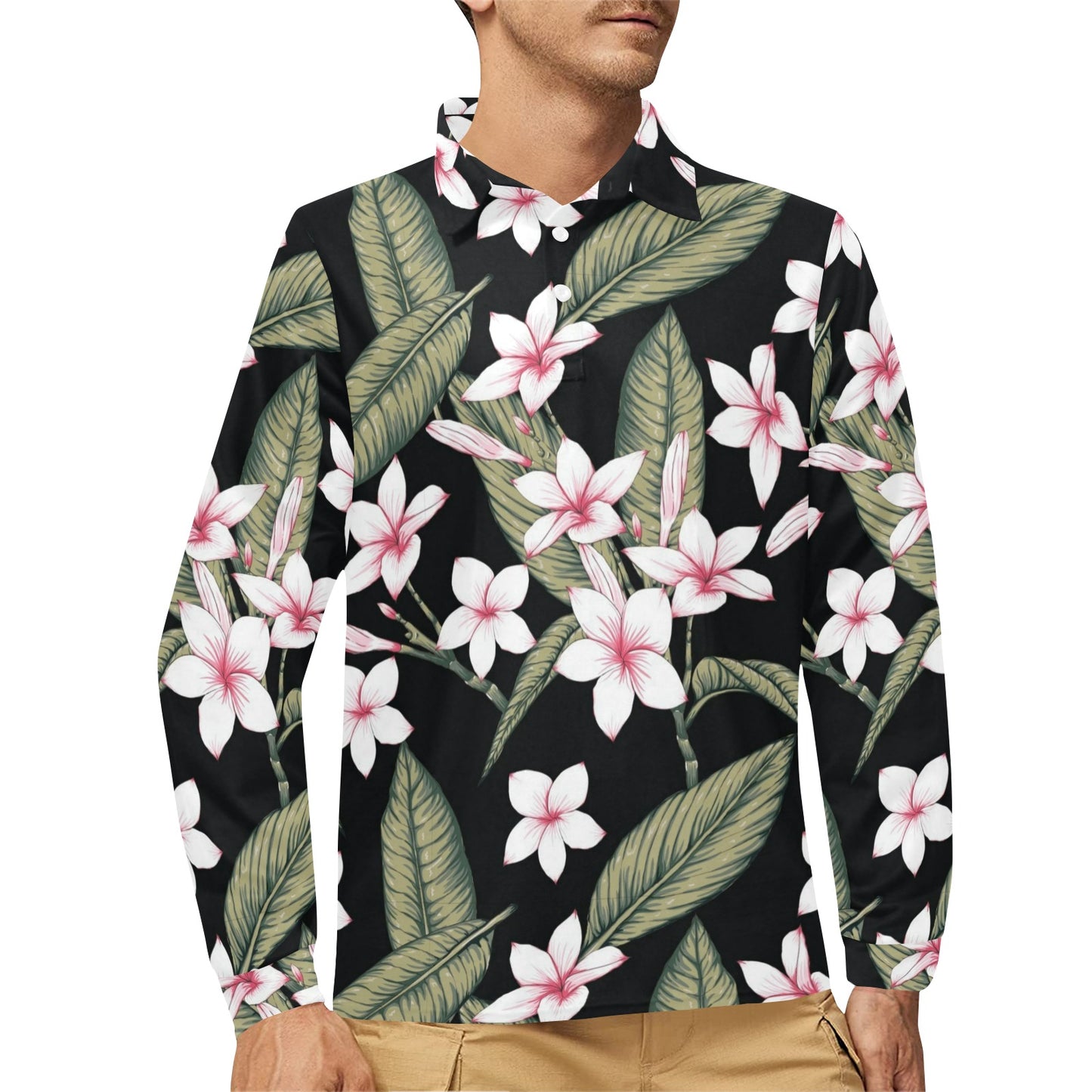 Plumeria Pattern Print Design PM021 Long Sleeve Polo Shirt For Men's