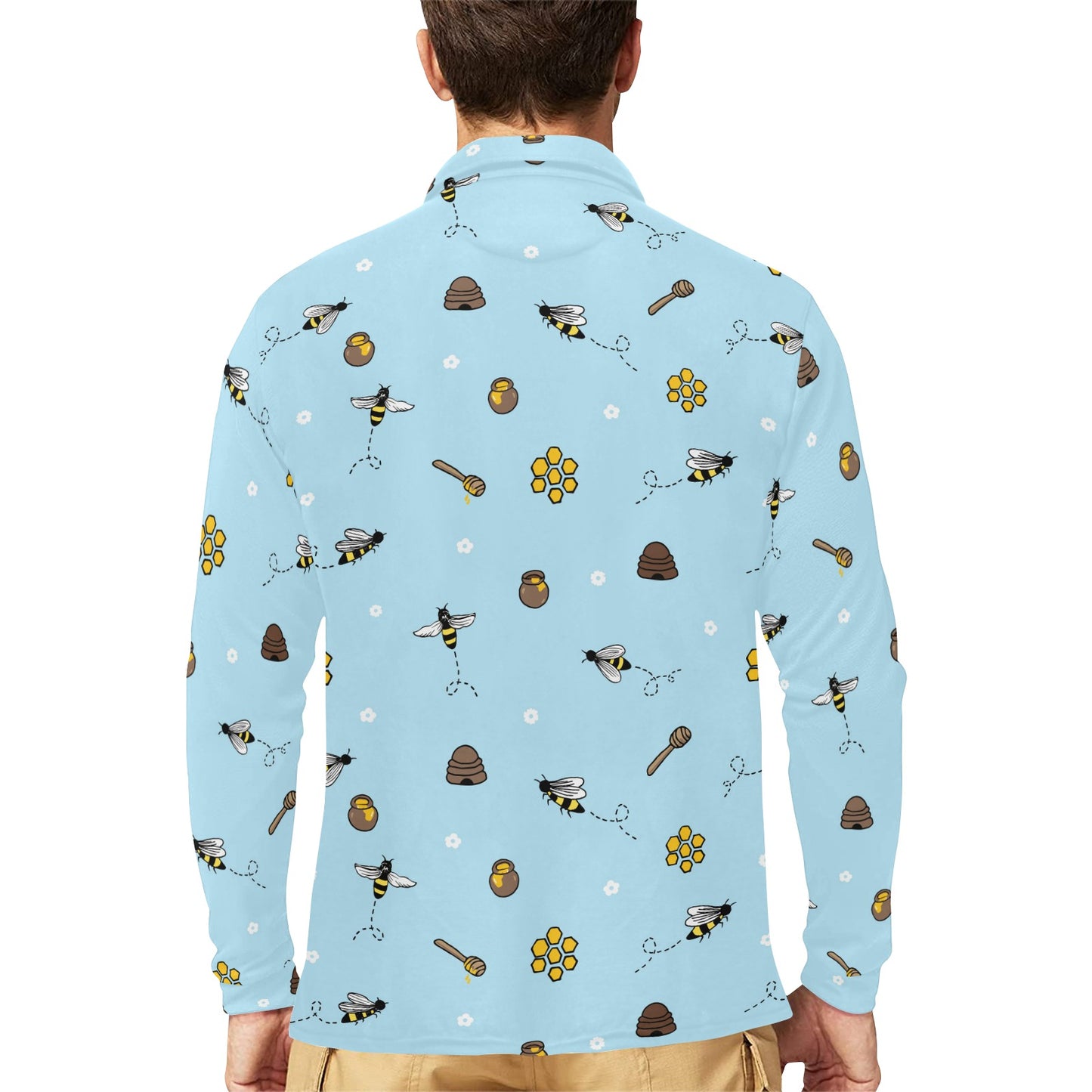 Honey Bee Print Design LKS307 Long Sleeve Polo Shirt For Men's