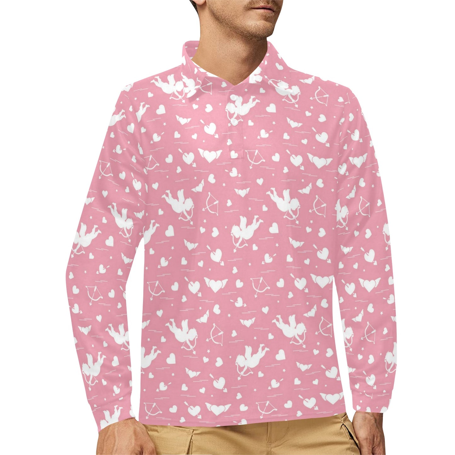 Cupid Pattern Print Design 03 Long Sleeve Polo Shirt For Men's